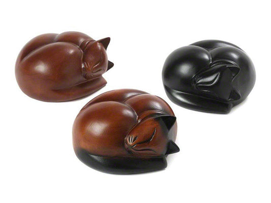 Carved Wooden Sleeping Cat Urns